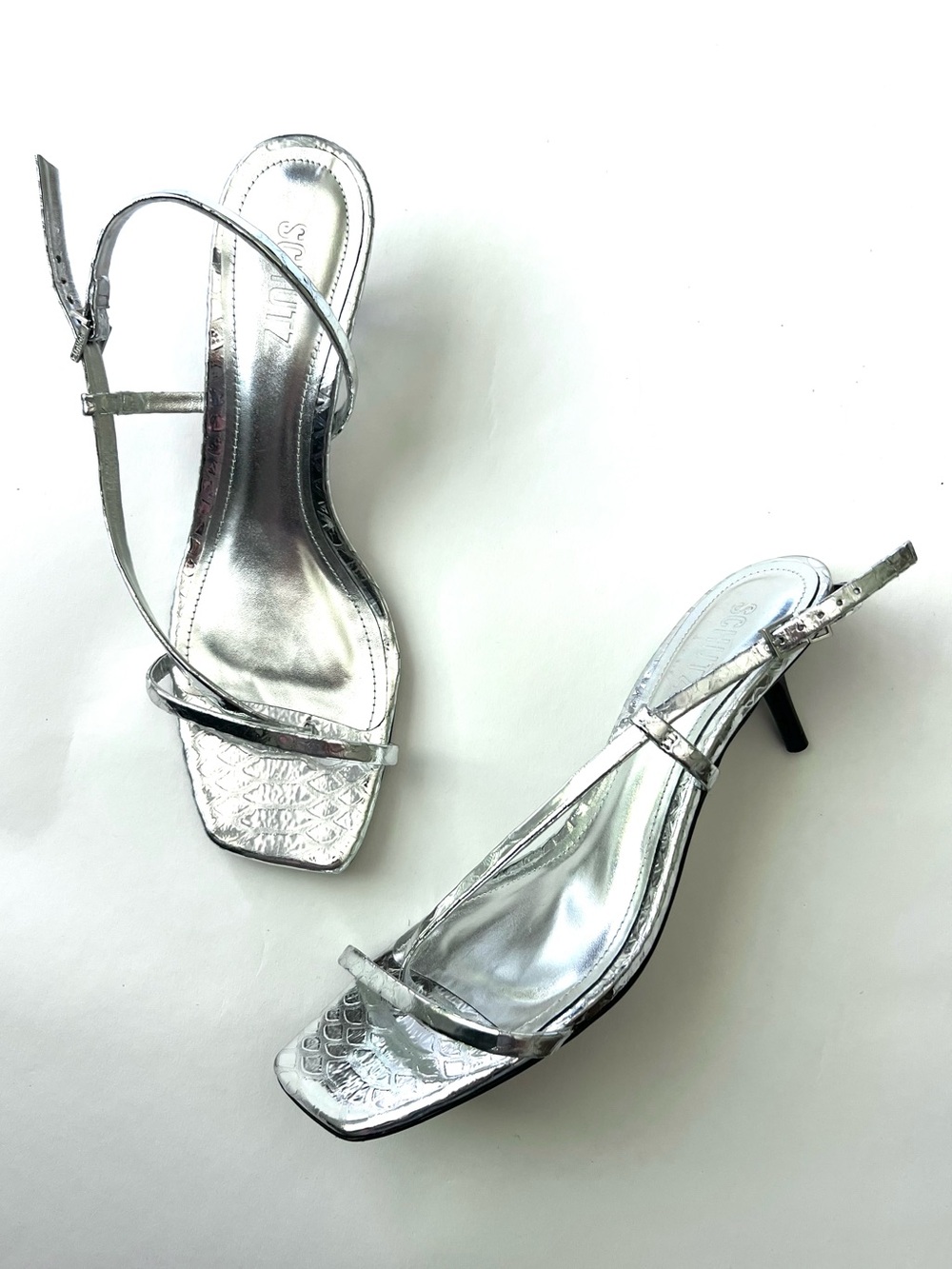 SCHUTZ Silver Metallic Strappy Slingback Heels